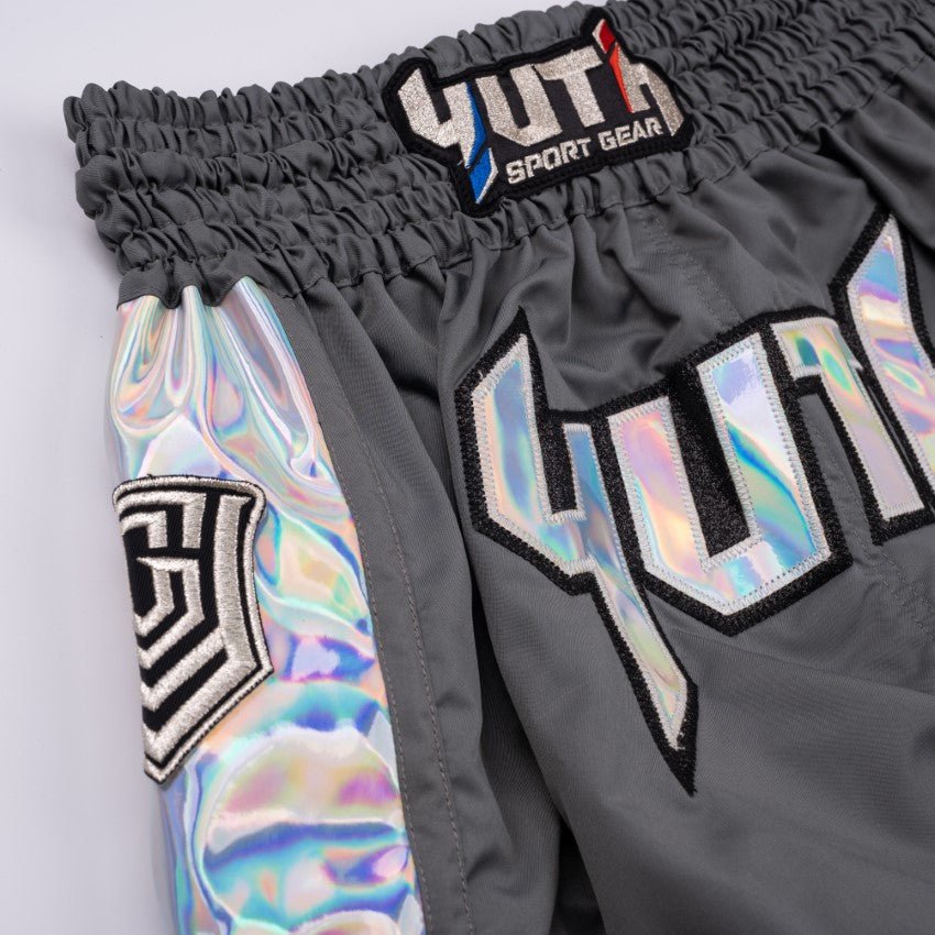 Grey/Silver  Yuth-Hologram Muay Thai Short Logo Black/Silver