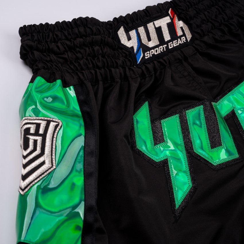 Black/Green Yuth-Hologram Muay Thai Short Logo Green