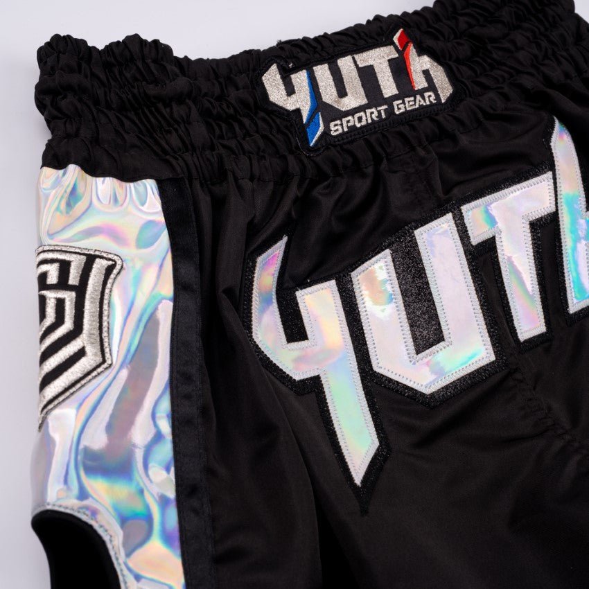 Black/Silver Yuth-Hologram Muay Thai Short Logo Silver