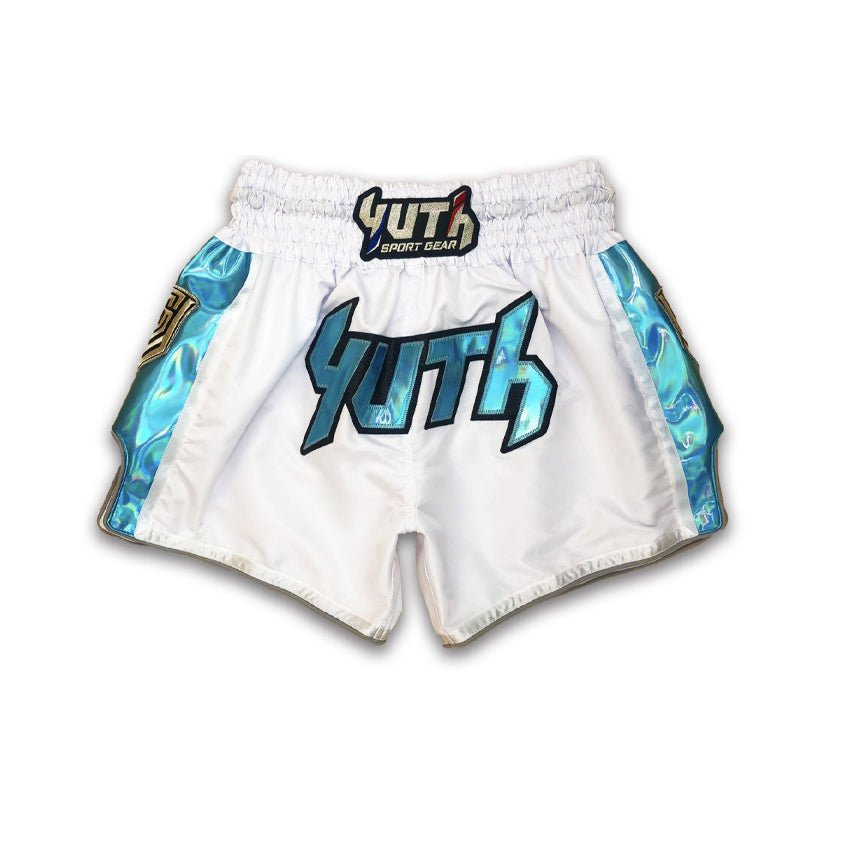 White/Blue Yuth-Hologram Muay Thai Short Front