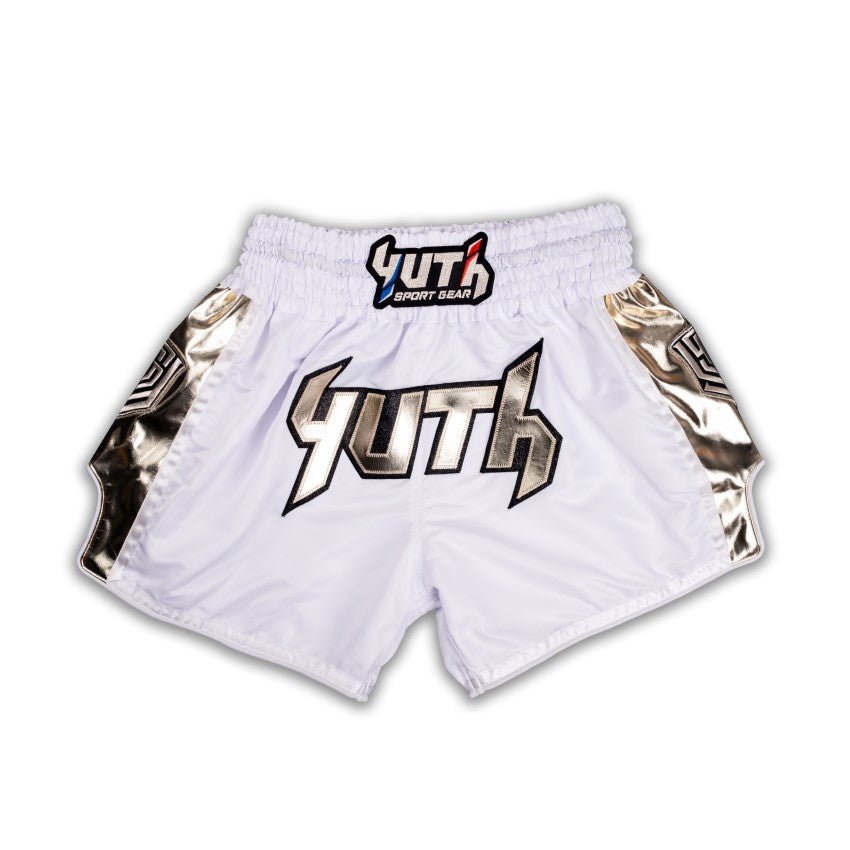 White/Gold Yuth-Hologram Muay Thai Short Front