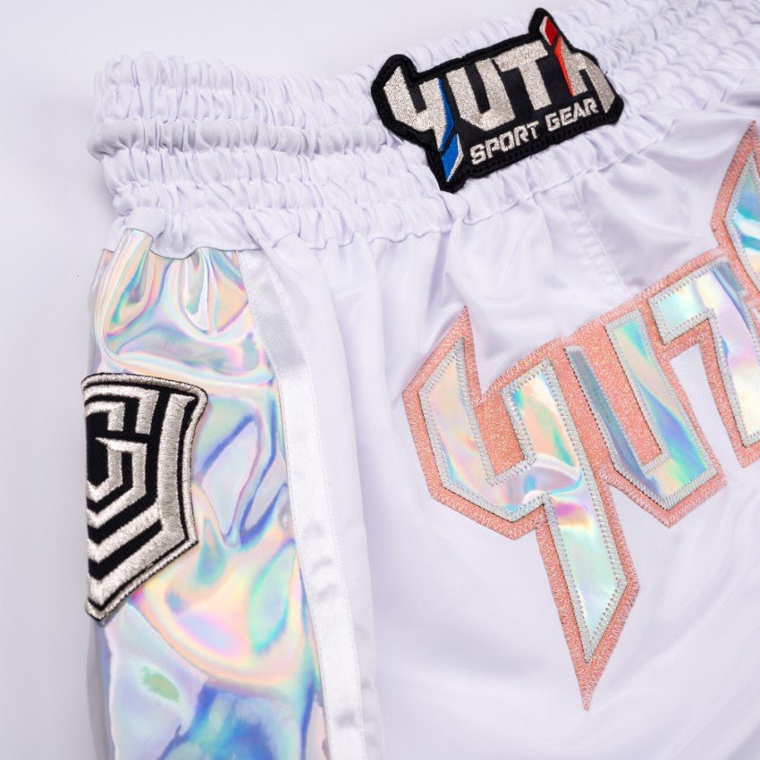 White/Silver/Orange  Yuth-Hologram Muay Thai Short Logo Orange/Silver